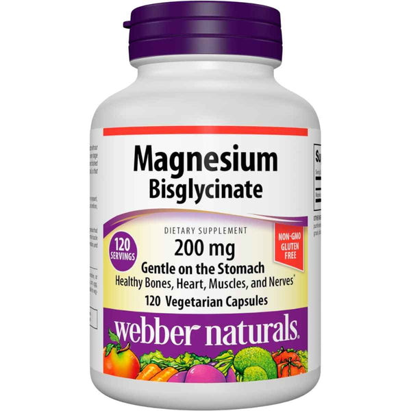 Webber Naturals Magnesio Bisglicinato 200 mg - 120 Cápsulas Vegetarianas - Puro Estado Físico