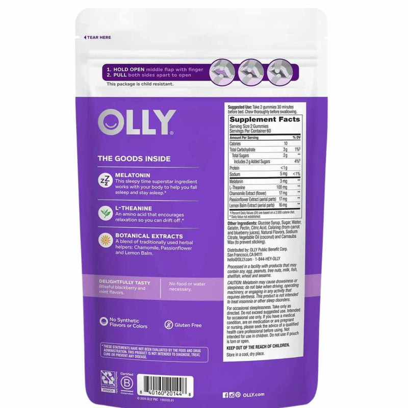 OLLY Soporte para el Sueño  - Sabor Cereza Negra - 120 Gomitas - Tabla Nutricional - Puro Estado Físico