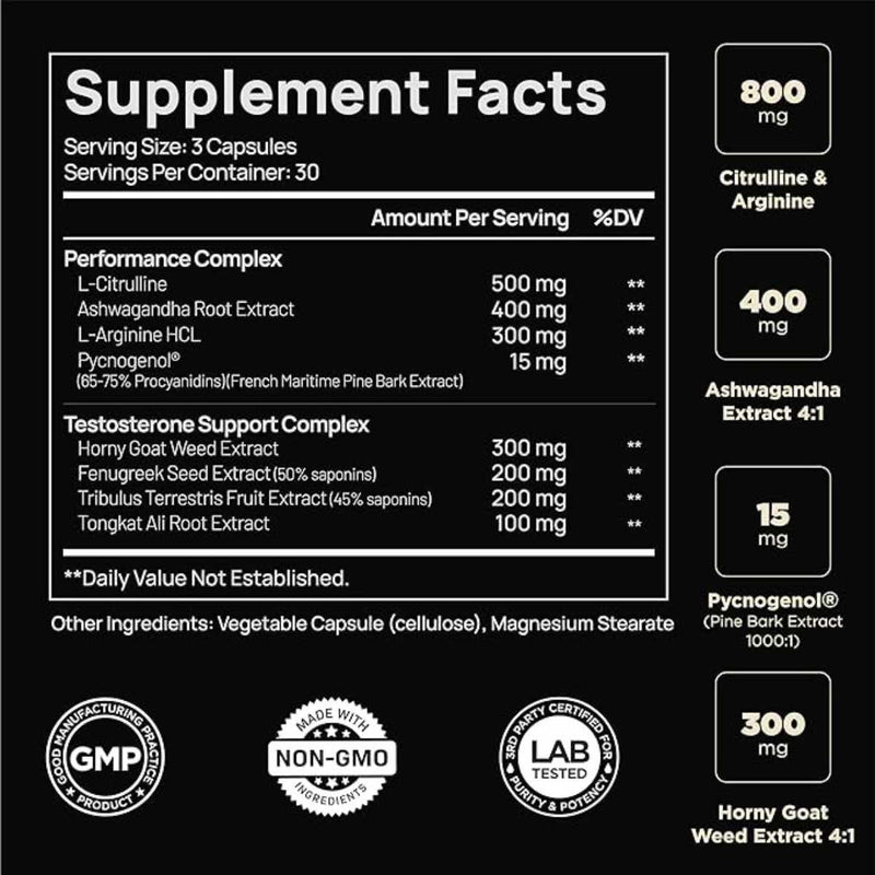 TERRA ELMNT Potenciador de Testosterona - 60 Cápsulas - Tabla Nutricional - Puro Estado Físico