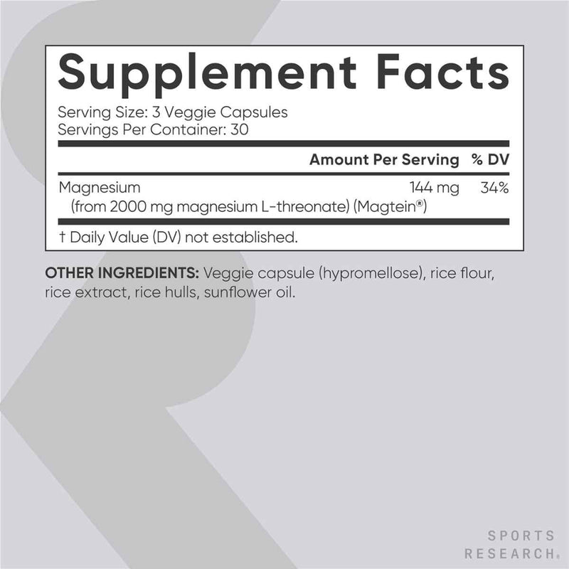 Sports Research Magnesio L-Treonato Con Magtein 2000 mg - 90 Cápsulas Vegetales - Tabla Nutricional - Puro Estado Físico