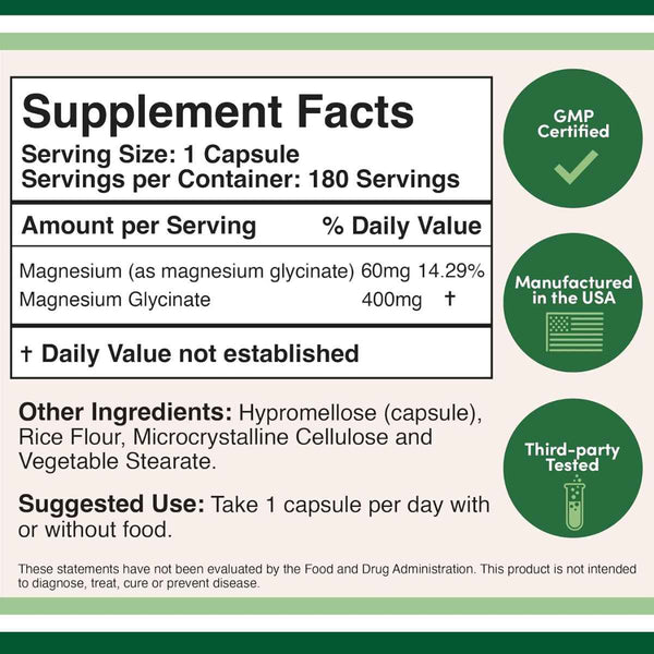 Double Wood Supplements Glicinato De Magnesio 400 mg - 180 Cápsulas Vegetales - Tabla Nutricional - Puro Estado Físico