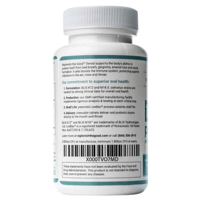 Replenish the Good Probiótico para Salud Dental 3 Mil Millones CFU - Sabor Menta - 30 Tabletas Masticable - Tabla Nutricional - Puro Estado Físico