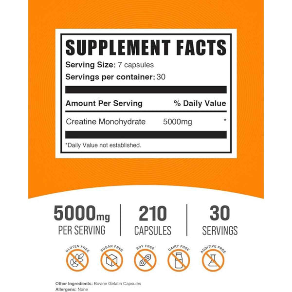 BulkSupplements.com Monohidrato de Creatina 5000 mg - 210 Cápsulas - Tabla Nutricional - Puro Estado Físico