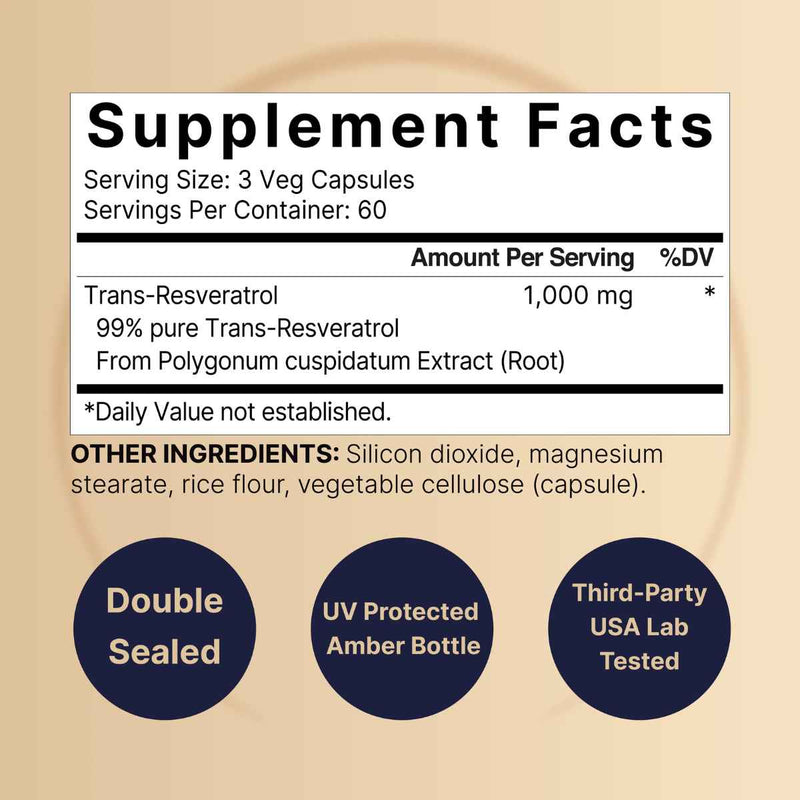 NatureBell Resveratrol  1000 mg - 180 Cápsulas Vegetales - Tabla Nutricional - Puro Estado Físico