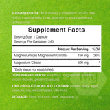 Deal Supplement Citrato De Magnesio 500 mg - 240 Cápsulas - Tabla Nutricional - Puro Estado Físico