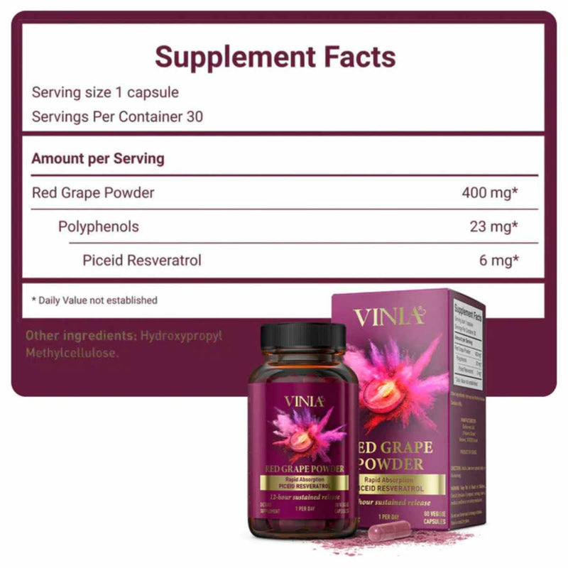 VINIA Resveratrol  - 60 Cápsulas Vegetales - Tabla Nutricional - Puro Estado Físico
