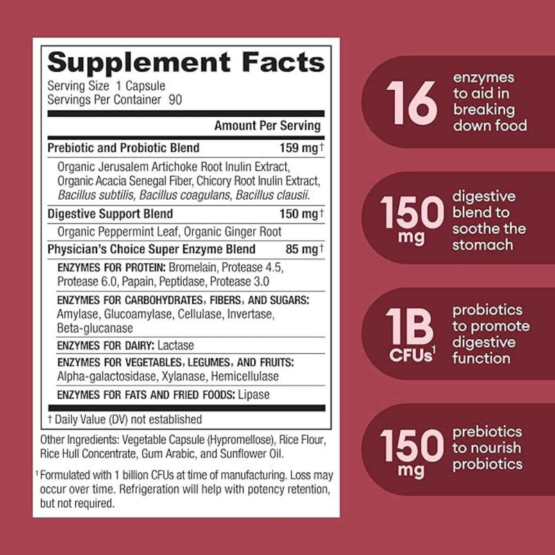 Physicians Choice Enzimas digestivas - 90 Cápsulas - Tabla Nutricional - Puro Estado Físico