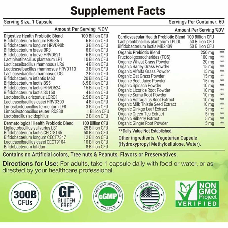 Tbivfller Probióticos y Prebióticos 300 Mil Millones CFU - 60 Cápsulas - Tabla Nutricional - Puro Estado Físico
