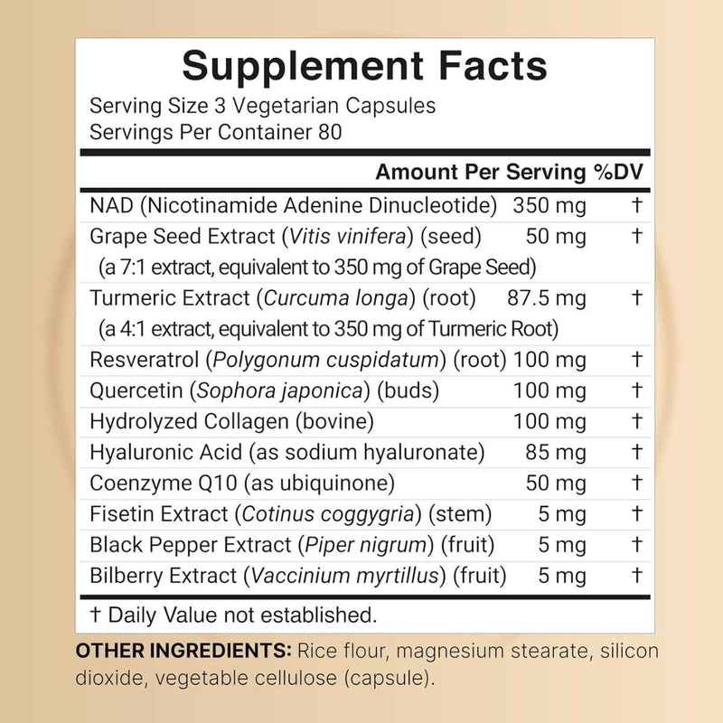 NatureBell  NAD Suplemento Avanzado para Energía Celular 1500 mg - 240 Cápsulas Vegetarianas - Tabla Nutricional - Puro Estado Físico