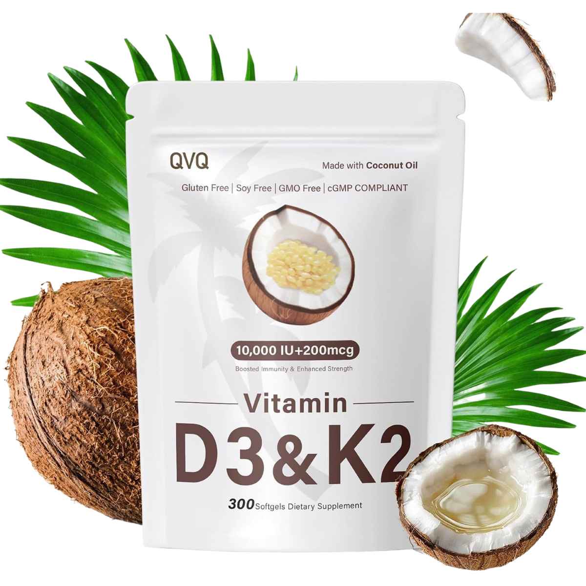 QVQ Vitamina D3 10.000 UI con K2 – 300 Cápsulas Blandas - Apoya Huesos Fuertes, Sistema Inmune y Salud Cardiaca