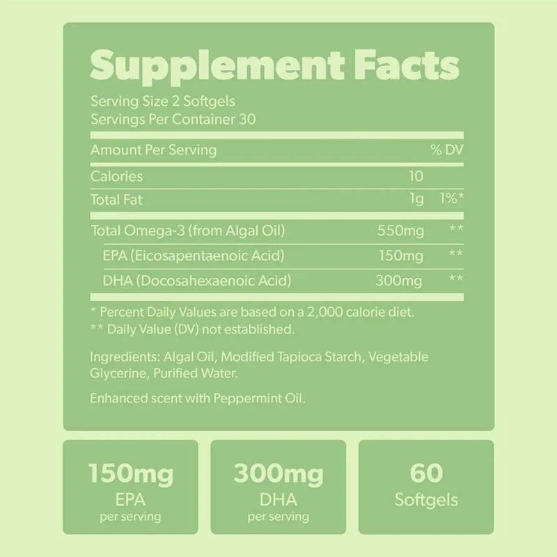 Sapling Omega 3 Algae Based DHA & EPA - Tabla Nutricional - 60 Cápsulas Blandas Veganas - Puro Estado Físico
