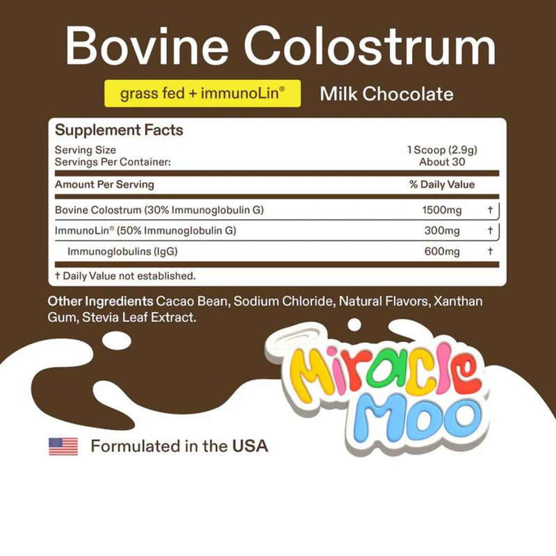 Miracle Moo  Calostro Bovino en Polvo - Sabor Chocolate - 87,3 g - Tabla Nutricional - Puro Estado Físico