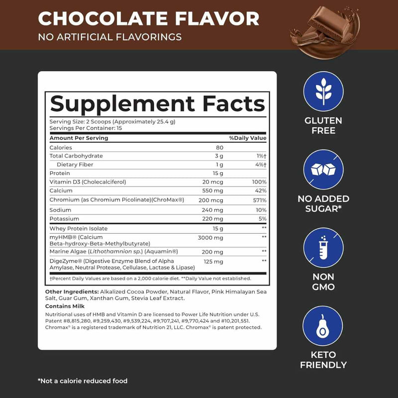Power Life Proteína de suero de leche - Sabor Chocolate - 380 g - Tabla Nutricional - Puro Estado Físico