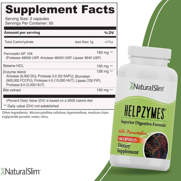 NaturalSlim Helpzymes® Enzimas Digestivas - 100 Cápsulas - Tabla Nutricional - Puro Estado Físico