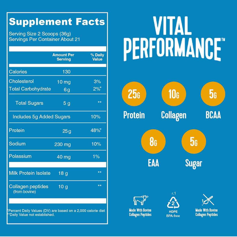 Vital Proteins Vital Performance™ Proteína 25 g - Sabor Vainilla - 761 g - Tabla Nutricional - Puro Estado Físico