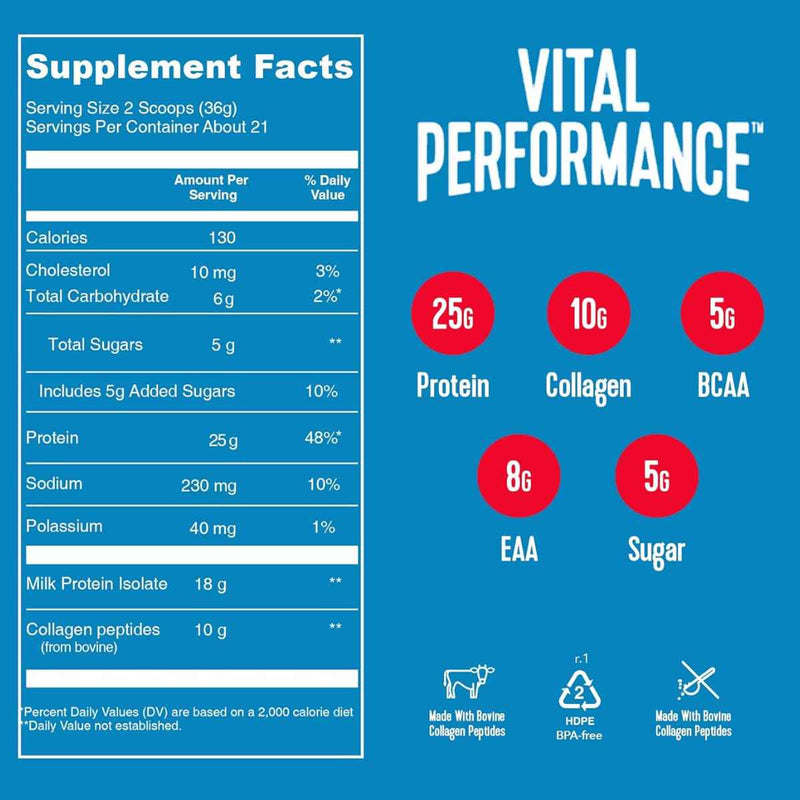 Vital Proteins Vital Performance™ Proteína 25 g - Sabor Fresa - 761 g - Tabla Nutricional - Puro Estado Físico