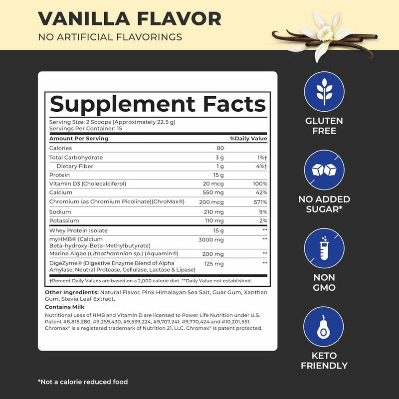 Power Life Proteína de suero de leche - Sabor Vainilla - 337 g - Tabla Nutricional - Puro Estado Físico