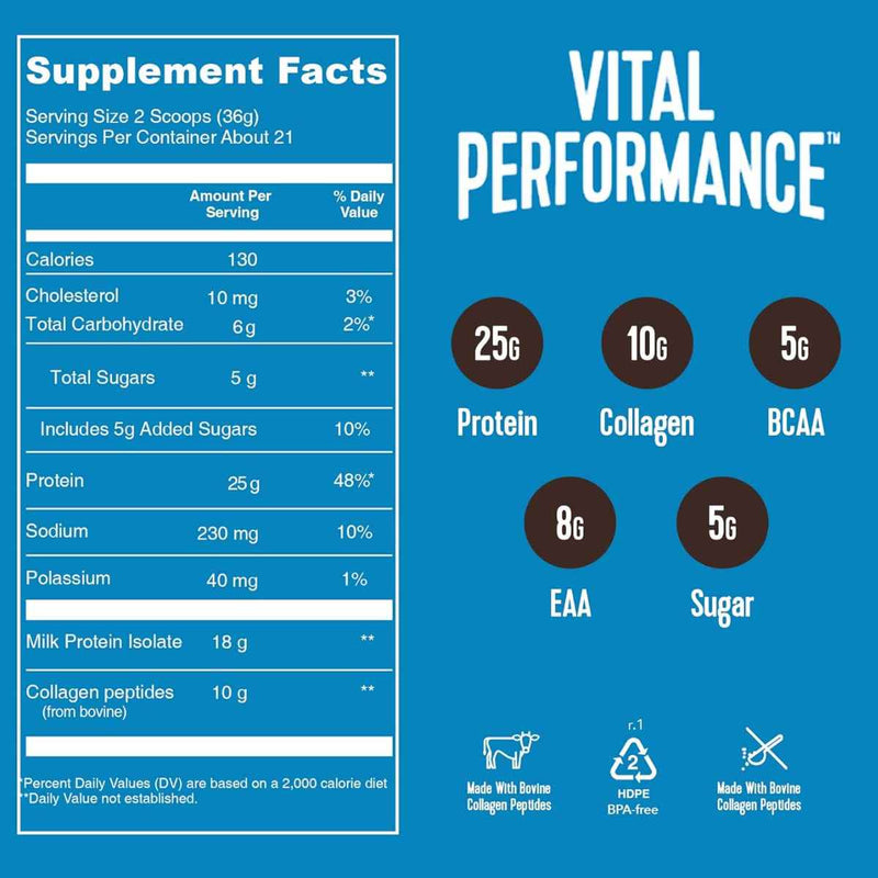 Vital Proteins Vital Performance™ Proteína 25 g - Sabor Chocolate - 782 g - Tabla Nutricional - Puro Estado Físico