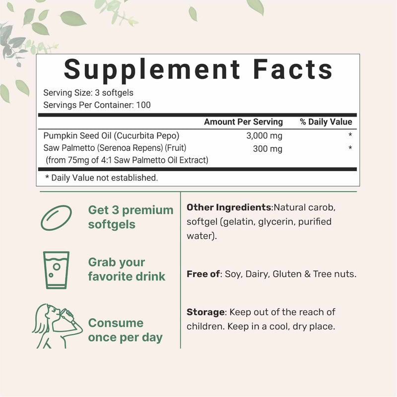 Micro Ingredients Aceite de Semilla de Calabaza con Saw Palmetto 3 mg - 300 Cápsulas Blandas - Tabla Nutricional - Puro Estado Físico