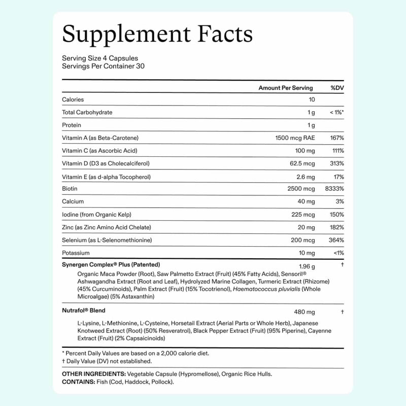 Nutrafol Suplemento para Crecimiento del Cabello en Mujeres Mayores de 45 años - 120 Cápsulas - Tabla Nutricional - Puro Estado Físico