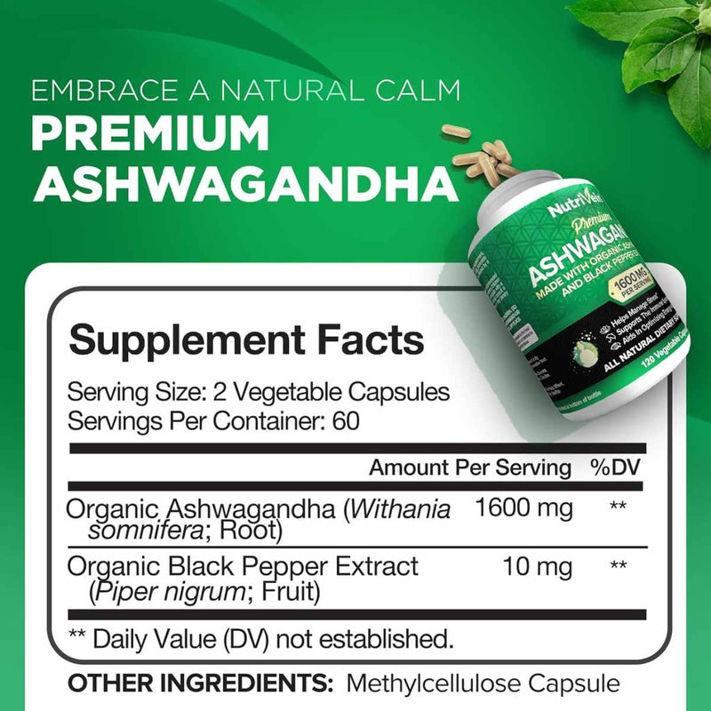 Ashwagandha con Extracto de Pimienta Negra 1600 mg - 120 Cápsulas Vegetales - Puro Estado Fisico