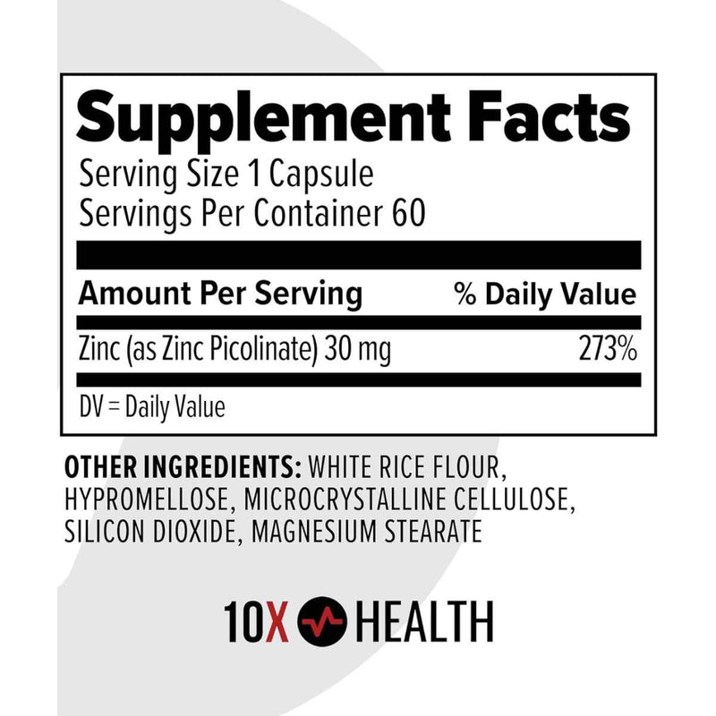 10X Health System Picolinato de Zinc - 60 Cápsulas - Tabla Nutricional - Puro Estado Físico