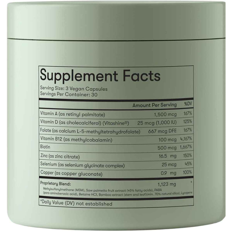 WellBel Suplemento + que Nutre y apoya el Crecimiento del Cabello - 90 Cápsulas - Tabla Nutricional - Puro Estado Físico