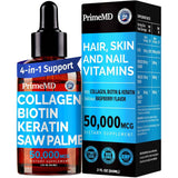 PrimeMD Vitaminas con Biotina y Suplemento de Colágeno para el Cabello, Piel y Uñas 50000 mcg - Sabor Frambuesa - 60 ml - Puro Estado Físico