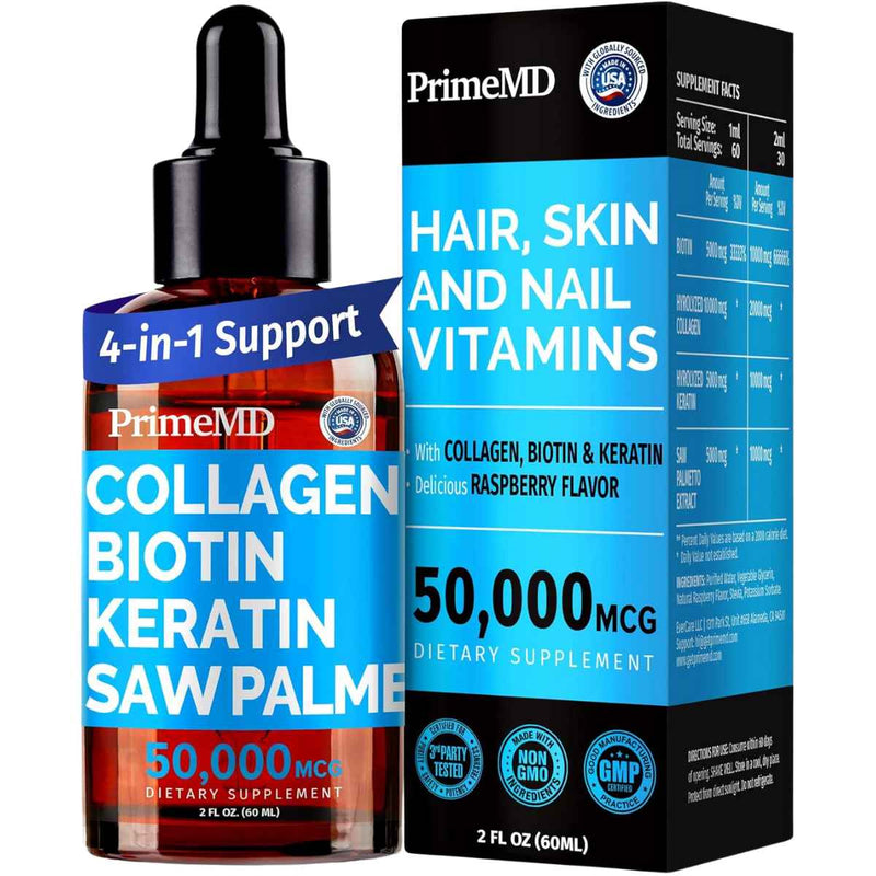 PrimeMD Vitaminas con Biotina y Suplemento de Colágeno para el Cabello, Piel y Uñas 50000 mcg - Sabor Frambuesa - 60 ml - Puro Estado Físico