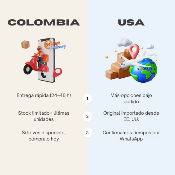 Banner dividido para elegir bodega: Colombia con entrega rápida y stock limitado, y USA bajo pedido con más opciones; invita a ver productos por bodega.