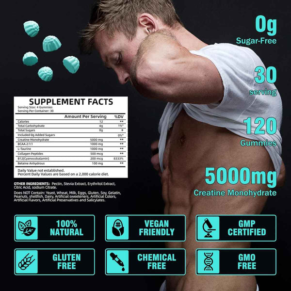 VIFSSG Monohidrato de Creatina 5000 mg - Sabor Arándano Azul - 120 Gomitas - Tabla Nutricional - Puro Estado Físico