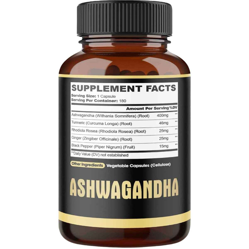 Tabla nutricional del suplemento Agobi Ashwagandha Cúrcuma y Rhodiola 180 cápsulas