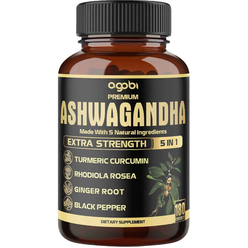 Frasco de suplemento Agobi Ashwagandha Cúrcuma y Rhodiola 180 cápsulas