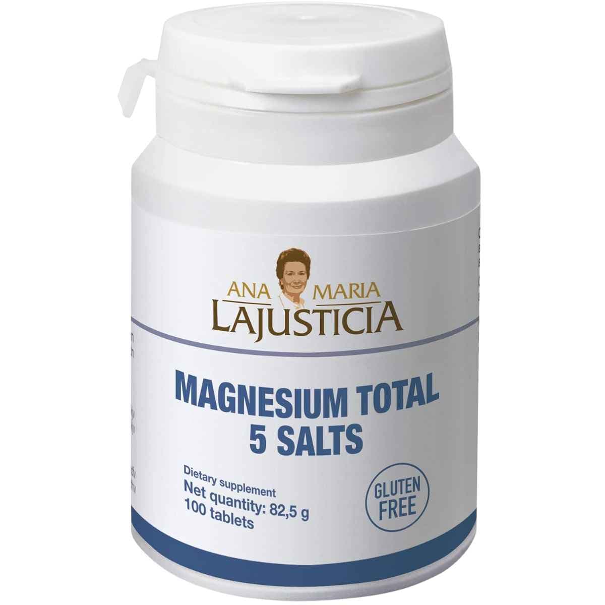 Frasco de suplemento Ana María Lajusticia Magnesio Total 5 Sales 100 tabletas