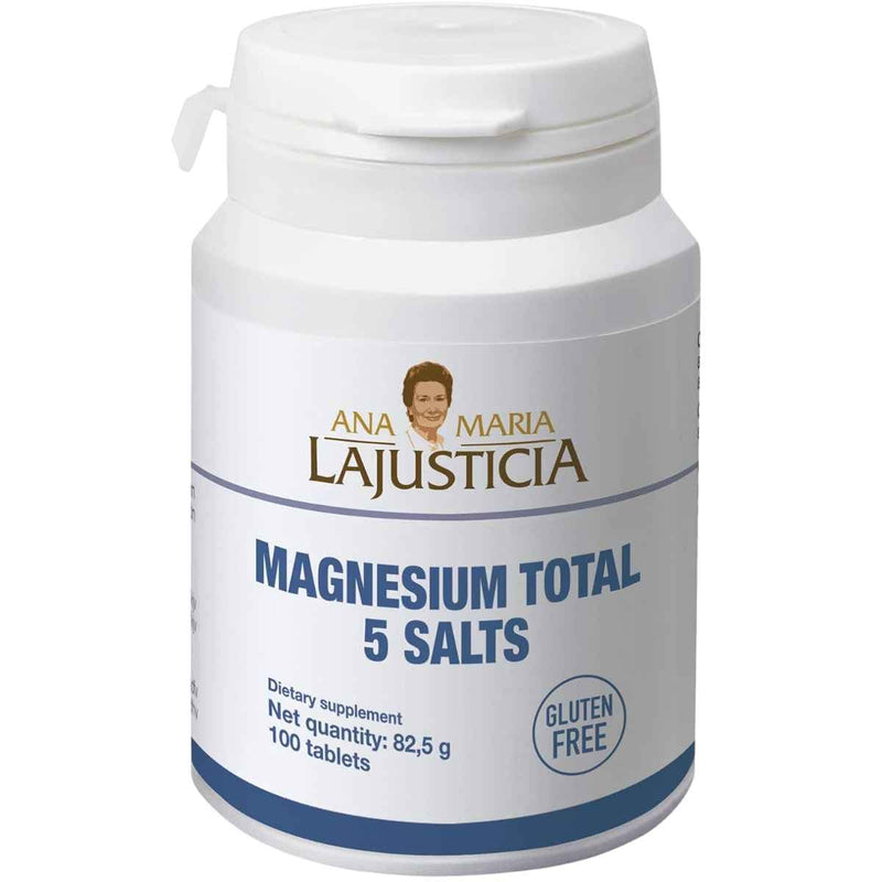 Frasco de suplemento Ana María Lajusticia Magnesio Total 5 Sales 100 tabletas