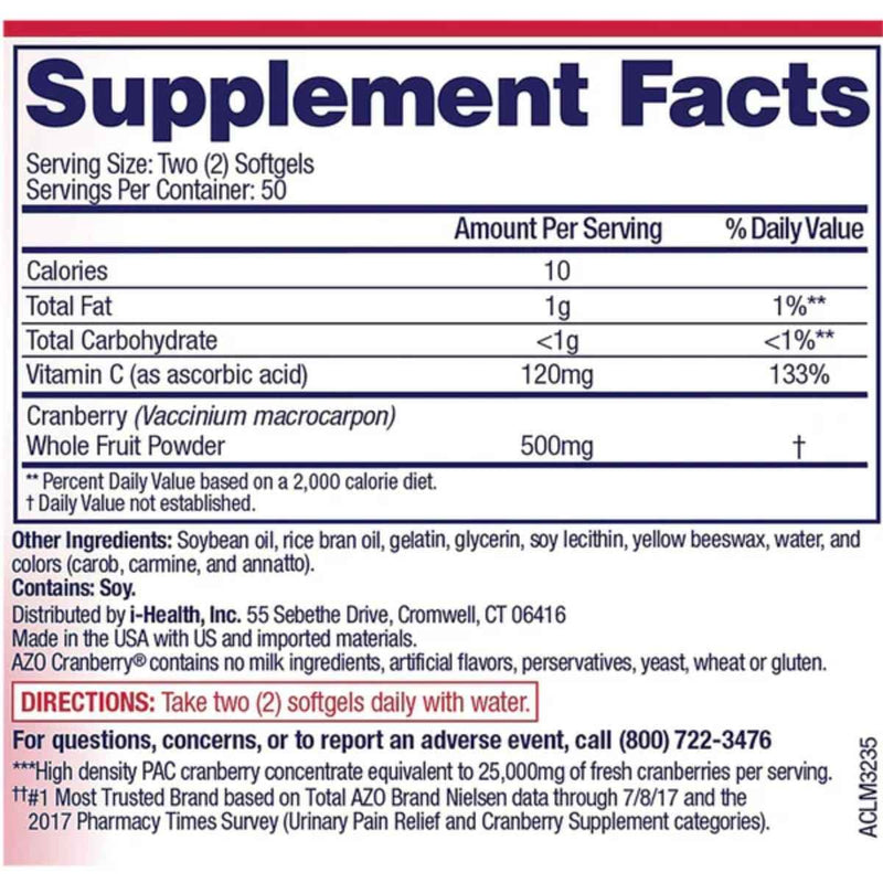 Tabla nutricional del suplemento AZO Arándano Rojo 500 mg 100 Cápsulas blandas