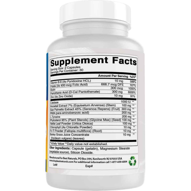 Tabla nutricional del suplemento Best Naturals Fórmula Anti-Canas con Catalasa 60 cápsulas