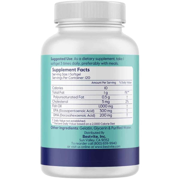 Tabla nutricional del suplemento Bestvite Super Omega-3 Fish Oil 1000 mg 120 cápsulas blandas