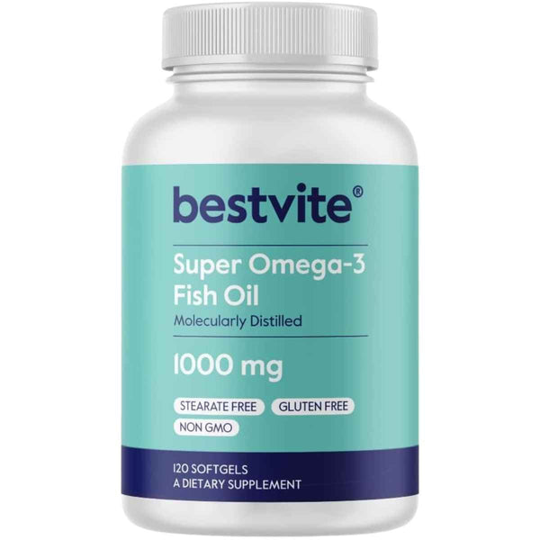 Frasco de suplemento Bestvite Super Omega-3 Fish Oil 1000 mg 120 cápsulas blandas