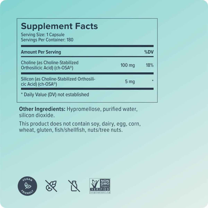 Tabla nutricional del suplemento Biosil Generador Avanzado de Colágeno ch-OSA® 180 cápsulas líquidas