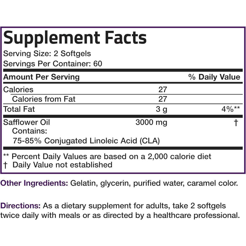 Tabla nutricional del suplemento Bronson CLA Ácido Linoleico Conjugado 120 cápsulas blandas