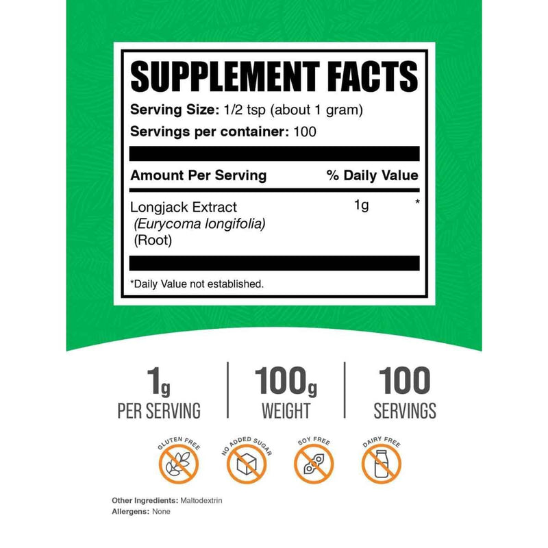 Tabla nutricional del suplemento BulkSupplements.com Tongkat Ali 1g Polvo 100g