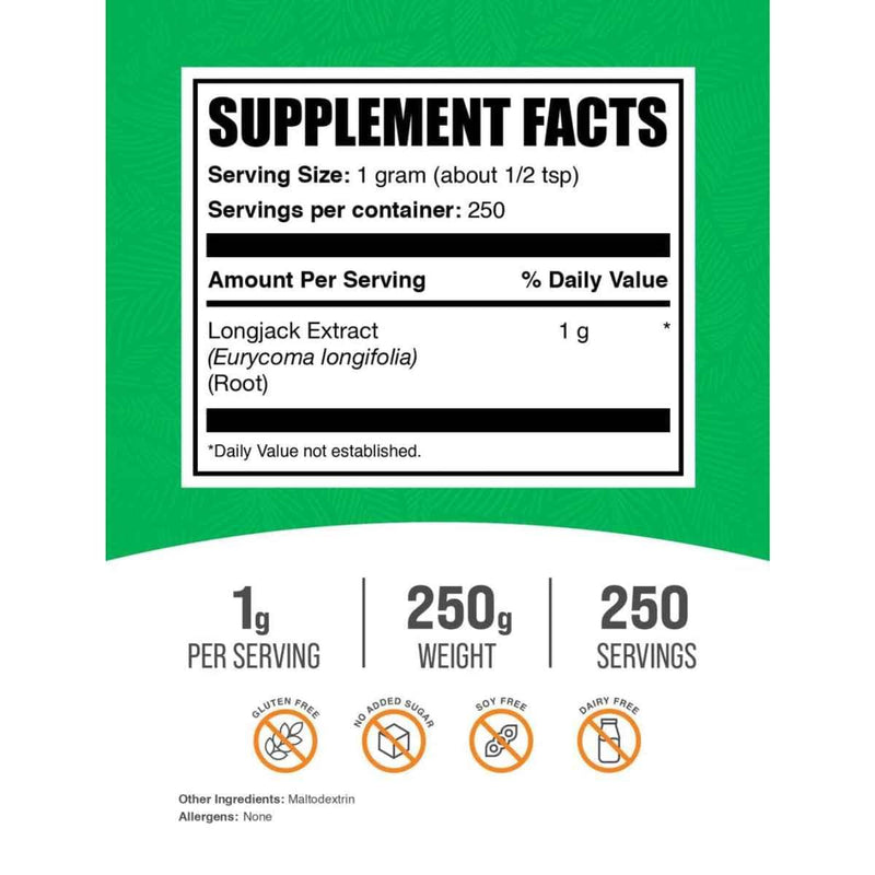 Tabla nutricional del suplemento BulkSupplements.com Tongkat Ali 1g Polvo 250g