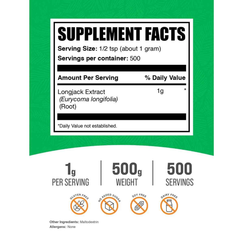 Tabla nutricional del suplemento BulkSupplements.com Tongkat Ali 1g Polvo 500g