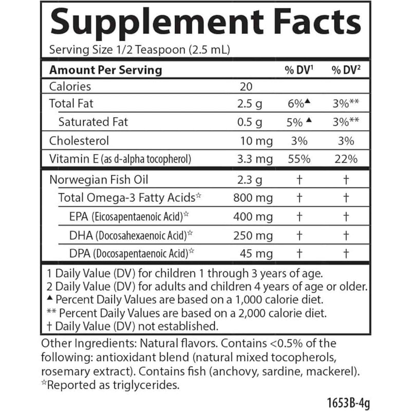 Tabla nutricional del suplemento Carlson Aceite de Pescado para Niños Naranja 200 ml