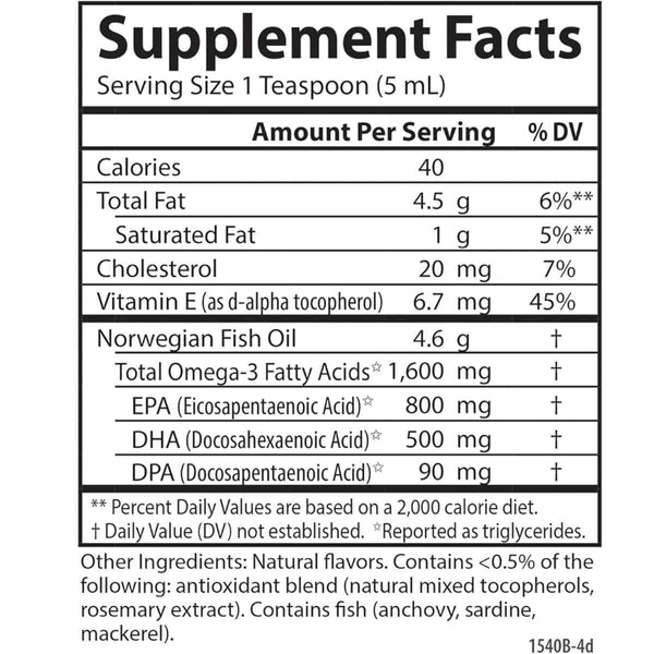 Tabla nutricional del suplemento Carlson Aceite de Pescado Noruego 1600 mg sabor Limón 200 mL
