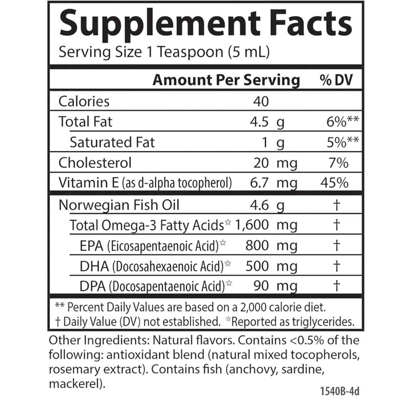 Tabla nutricional del suplemento Carlson Aceite de Pescado Noruego 1600 mg sabor Limón 200 mL