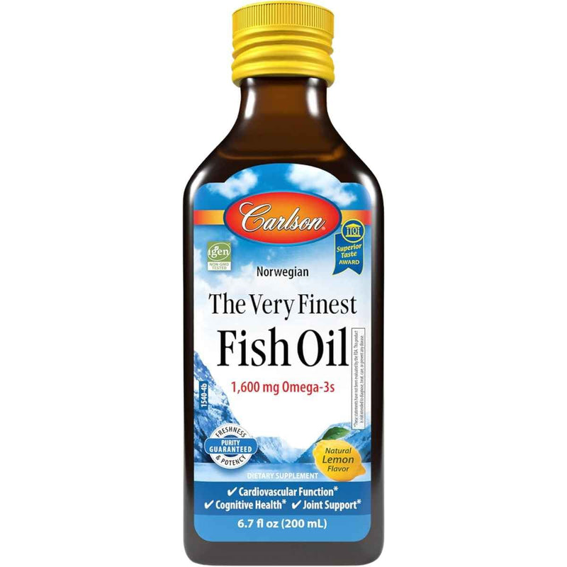 Frasco de suplemento Carlson Aceite de Pescado Noruego 1600 mg sabor Limón 200 mL
