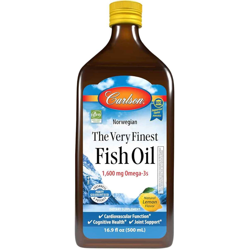 Frasco de suplemento Carlson Aceite de Pescado Noruego 1600 mg sabor Limón 500 mL