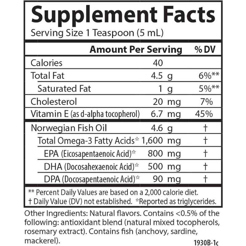 Tabla nutricional del suplemento Carlson Aceite de Pescado Noruego 1600 mg sabor Mezcla de Bayas 200 mL
